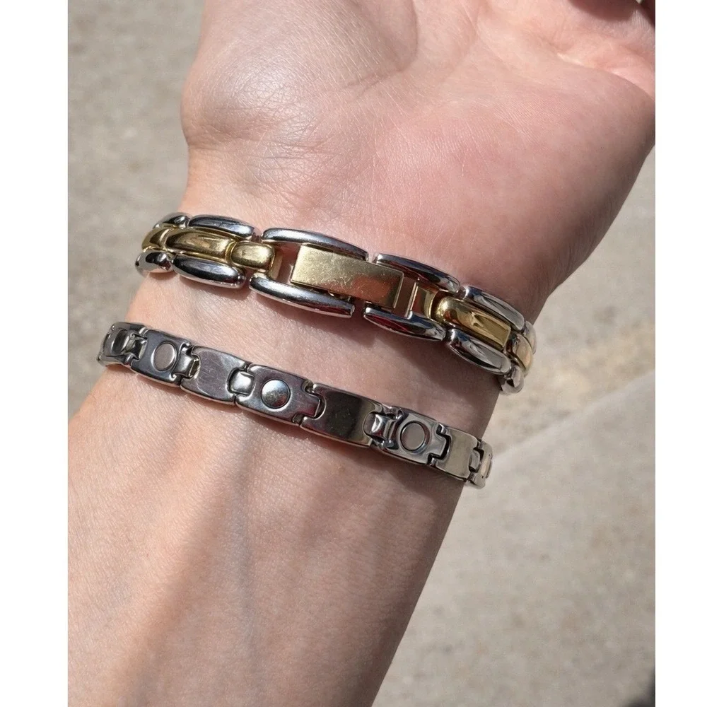 Two Tone Reversible Link Bracelet Gold Silver‎ Tone Fold Over Clasp 7.75 Inch